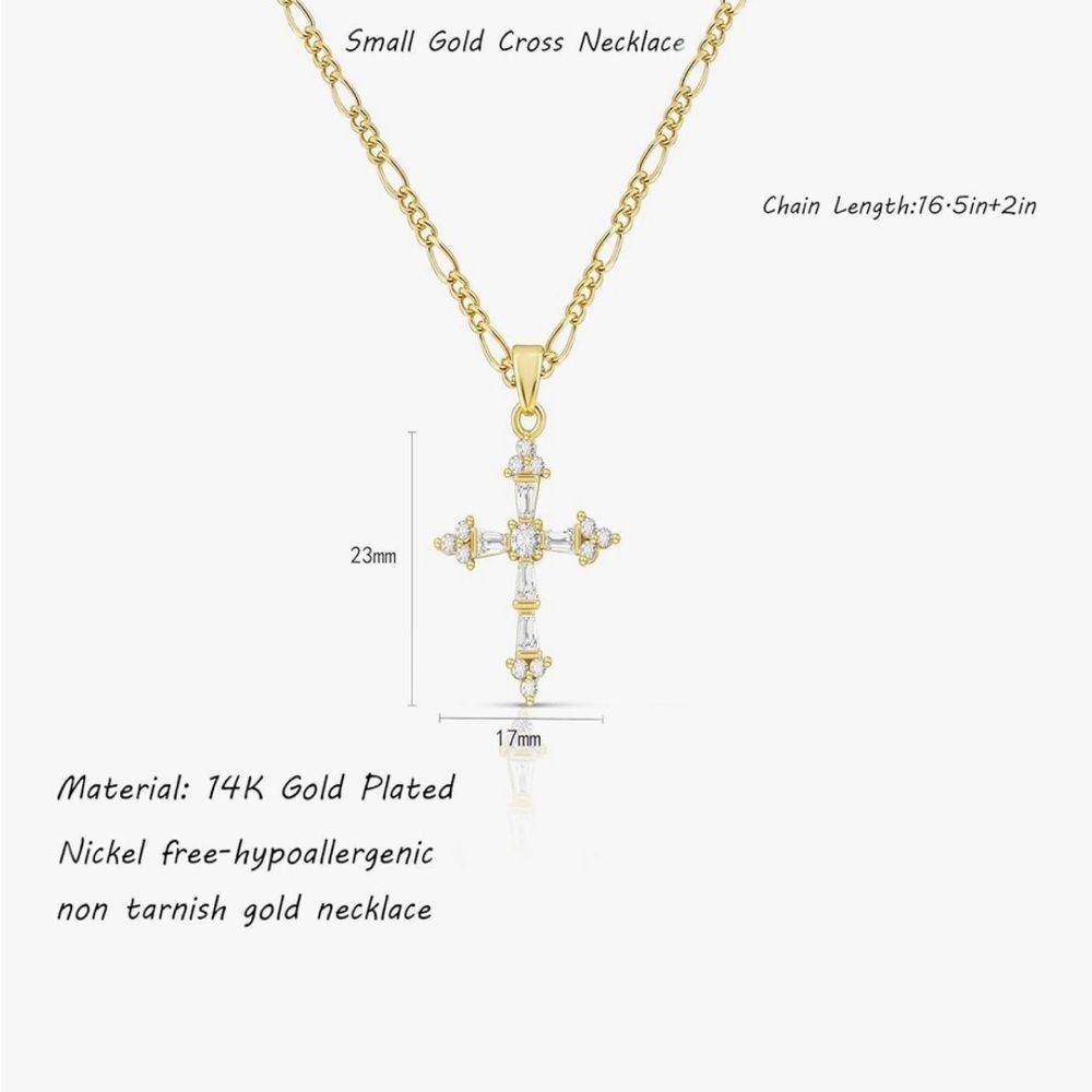14K Gold Plated Cross Pendant Necklace Dainty Chain Simulated Diamond Preppy - Picture 3 of 6